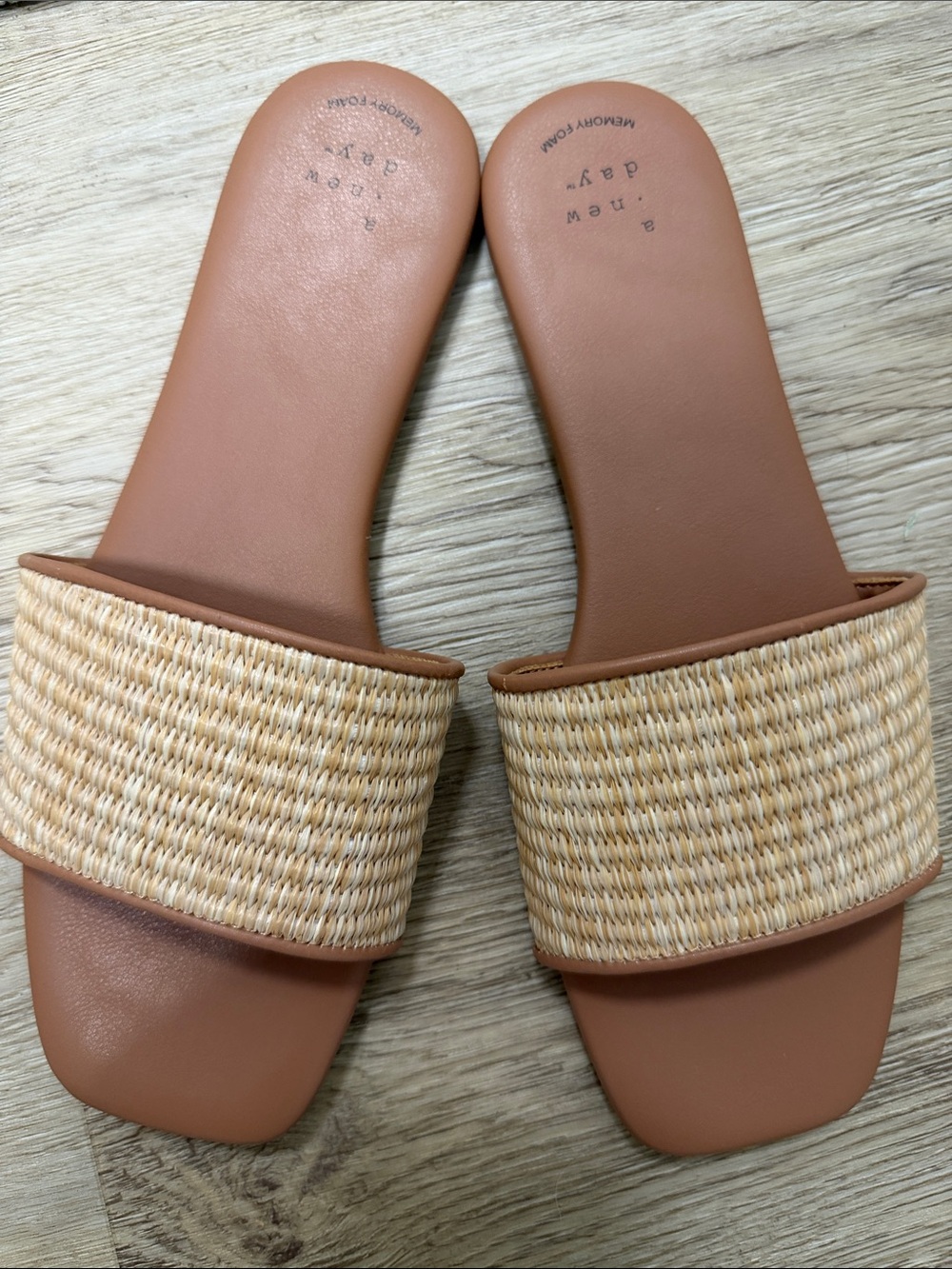 a new day Tan Slide Sandals with Woven Natural Strap
